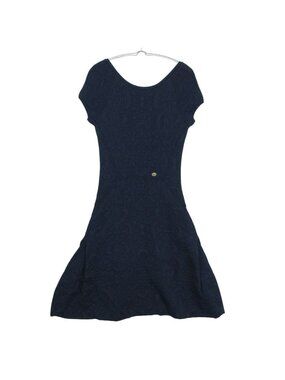 Chanel Dress Flower Jacquard Knit French Sleeve Flare a Line CC Logo Plate Navy
